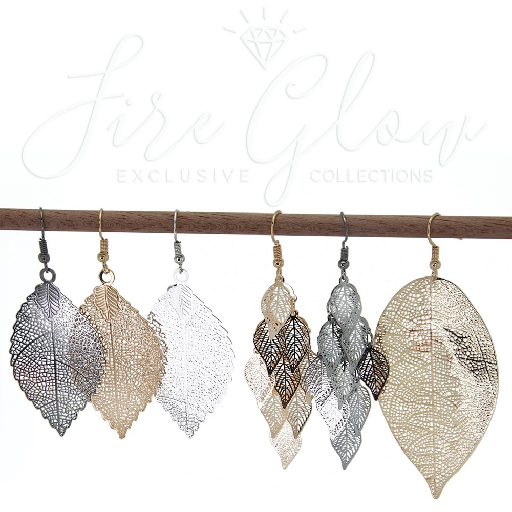 Boho Chic Gold Tone Filigree Leaf Earrings - Picture 4 of 8